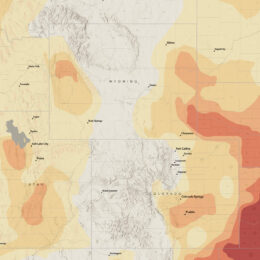 Map of the United States showing areas experiencing drought based on data from NOAA’ss NIDIS US Drought Monitor