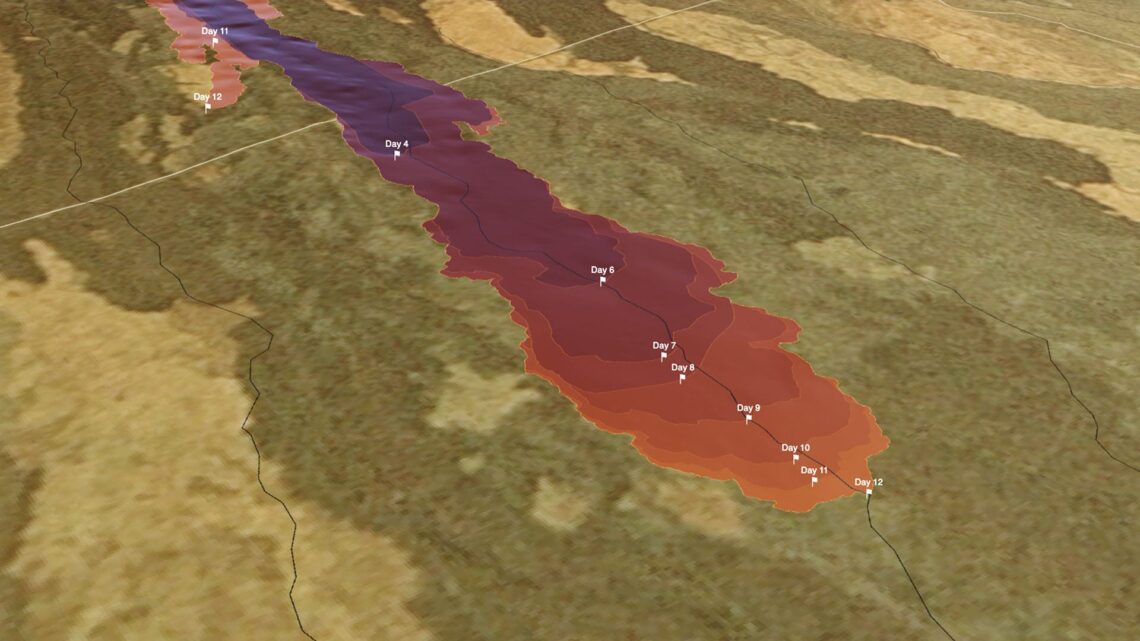 Map showing extent of lava flows by day following the Mauna Loa’s volcanic eruption in 2022.