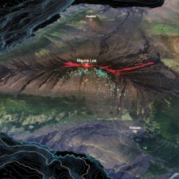 3D diorama of Mauna Loa volcano in Hawaii with recent earthquakes and ocean bathymetry.