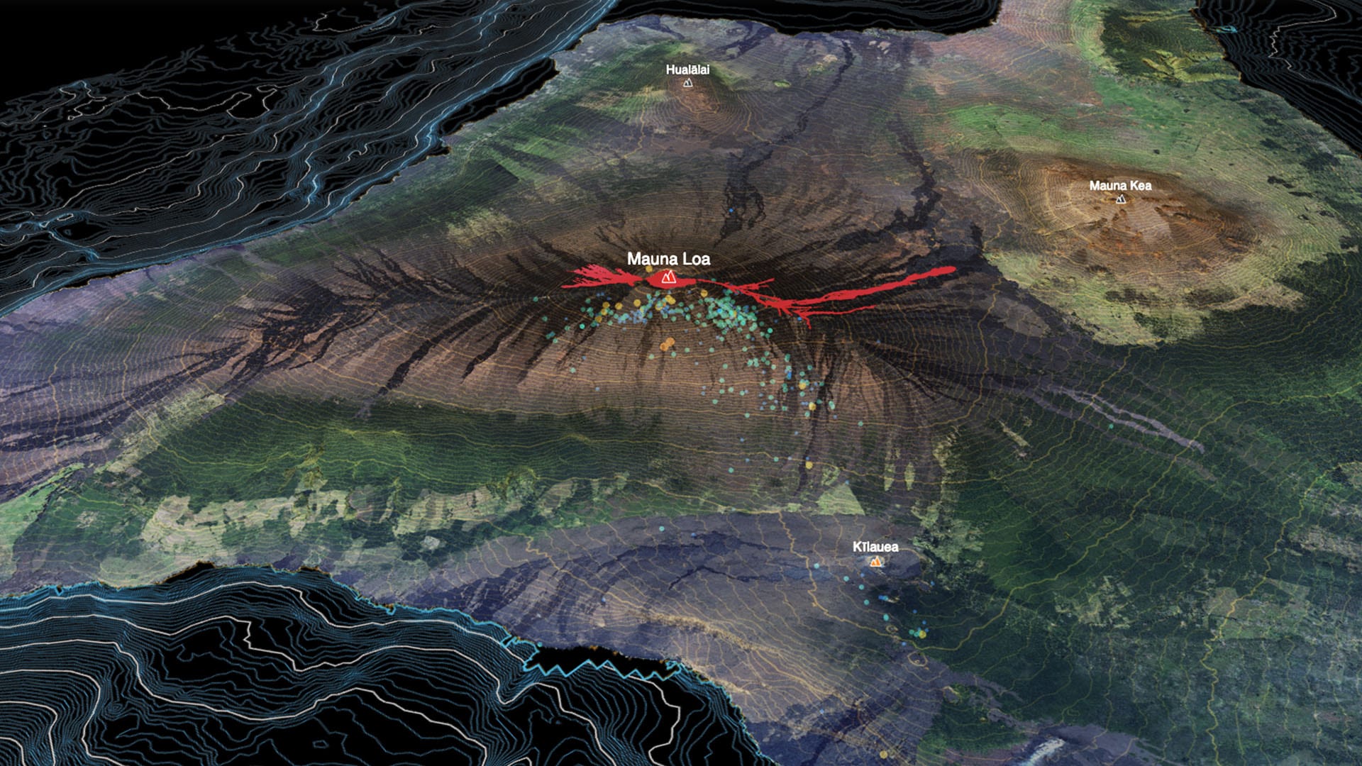 3D diorama of Mauna Loa volcano in Hawaii with recent earthquakes and ocean bathymetry.