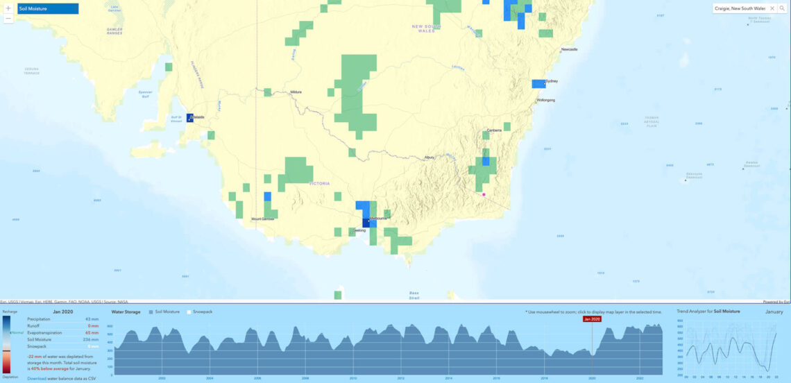 Map of Victoria in Australia showing soil moisture in January 2020 during the height of Australia’s 2019-2020 wildfires.