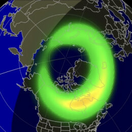Map showing forecast location and intensity of aurora borealis around the north pole.