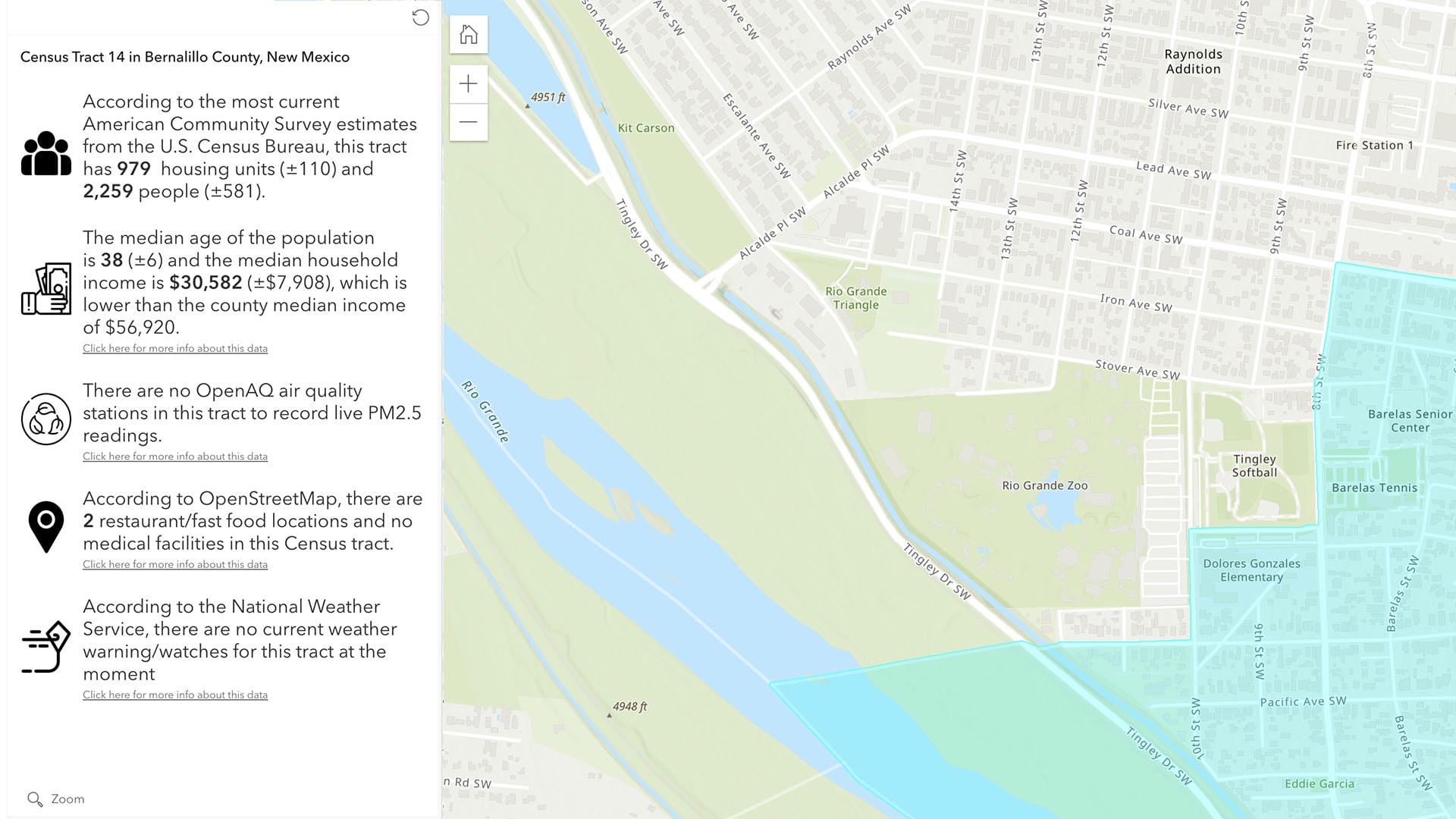 Map of New Mexico with pop-up showing information about weather and demographics at that location