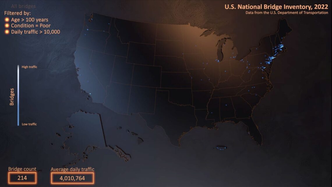 Map of the United States showing locations of bridges from the National Bridge Inventory that are more than 100 years old, in poor condition, with more than 10,000 daily traffic crossings.