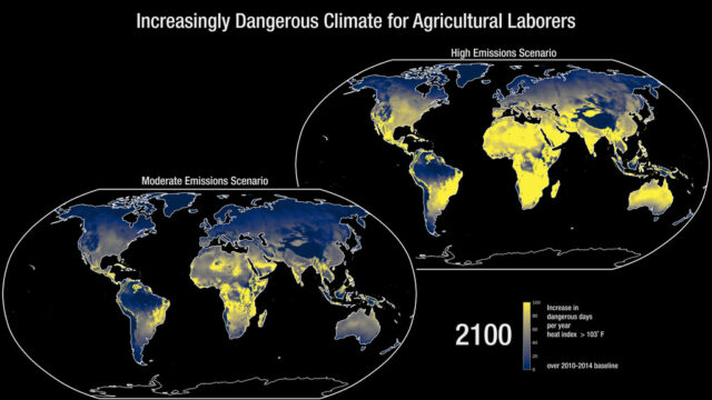 Two maps showing projected increases in dangerous heat days by 2100 under two different climate scenarios.