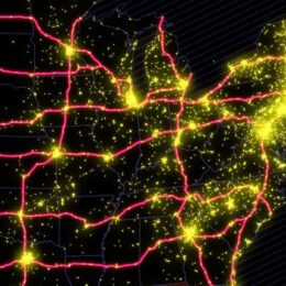 Map of central United States showing electric vehicle charging locations along US interstates