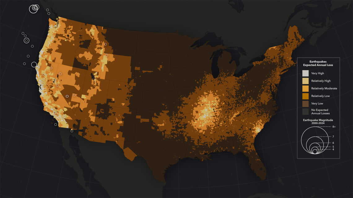 Map of the US showing expected annual loss from earthquakes.