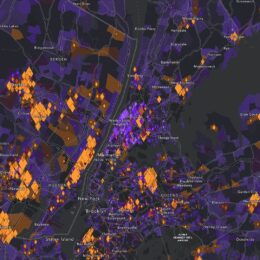 Map of New York City and surrounding areas showing percentage of Hispanic or Latino population with no health insurance by Census tract.