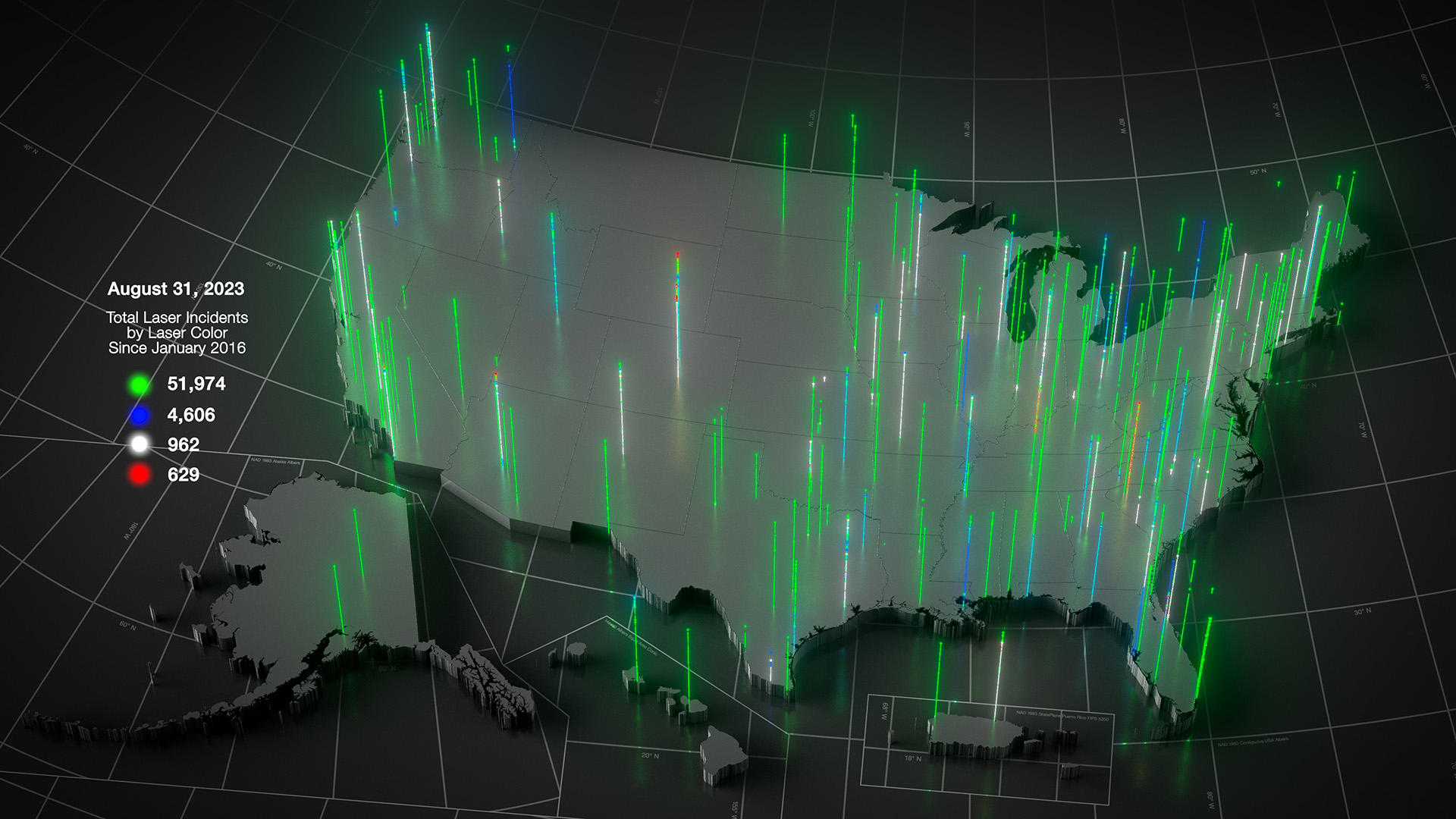 Map of the US showing locations of reported laser strikes on aircraft pilots.