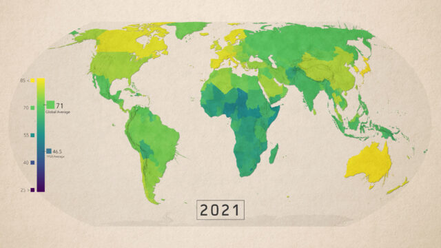 Map of life expectancy by country in 2023.