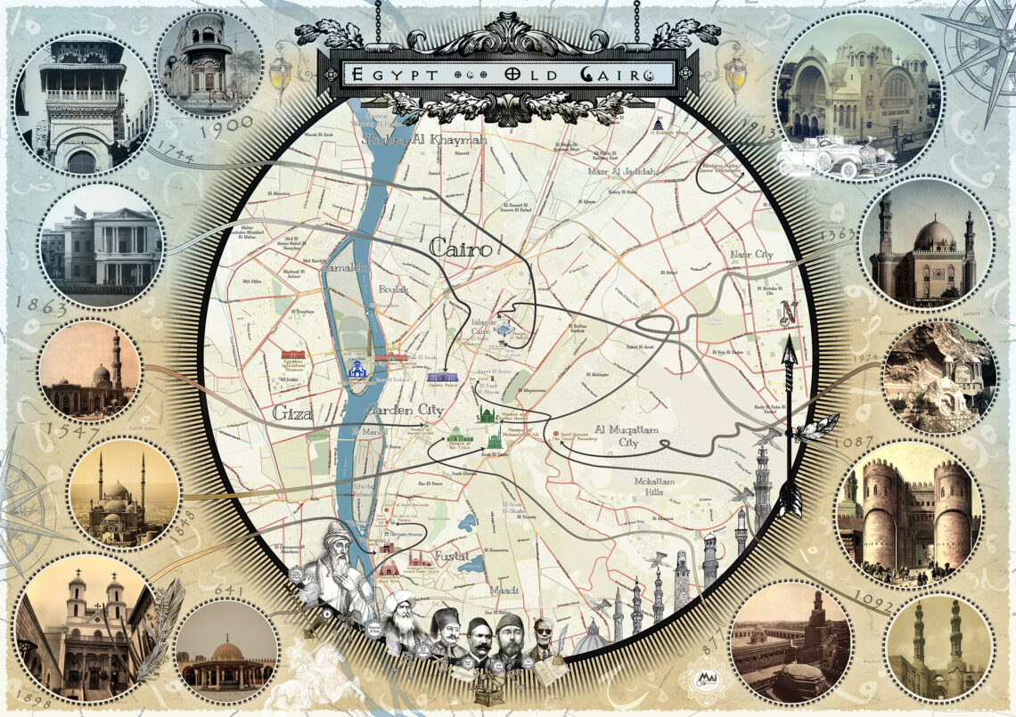 Map of Old Cairo in Egypt with historical POIs