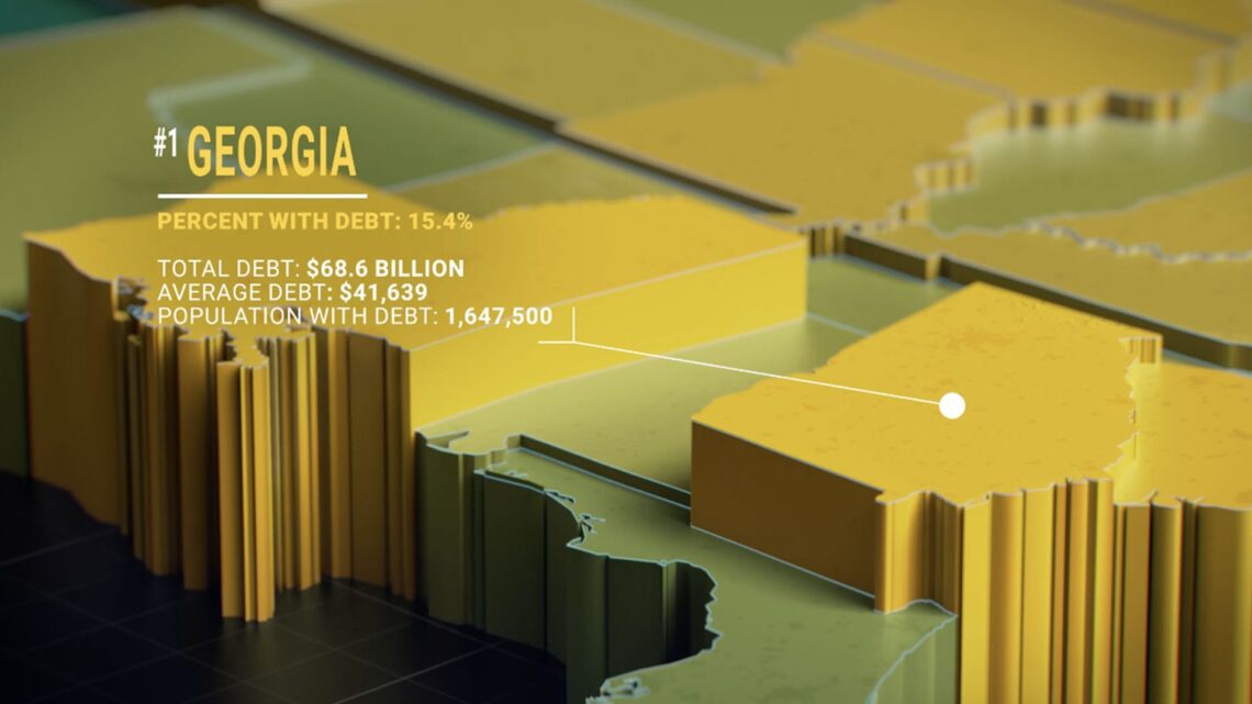 Map of southern United States focused on Georgia showing percent of population with student loans by state.