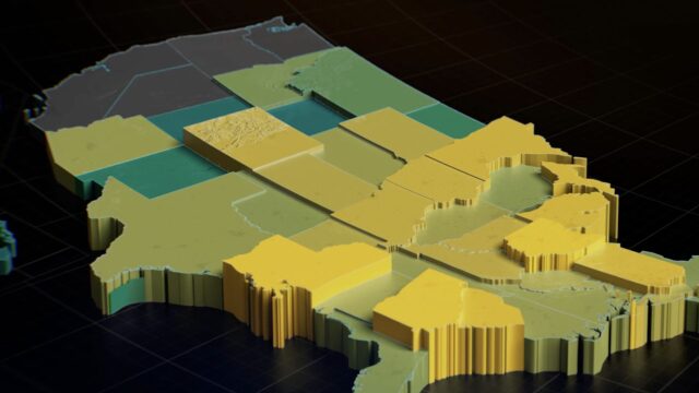 Map of United States showing percent of population with student loans by state.