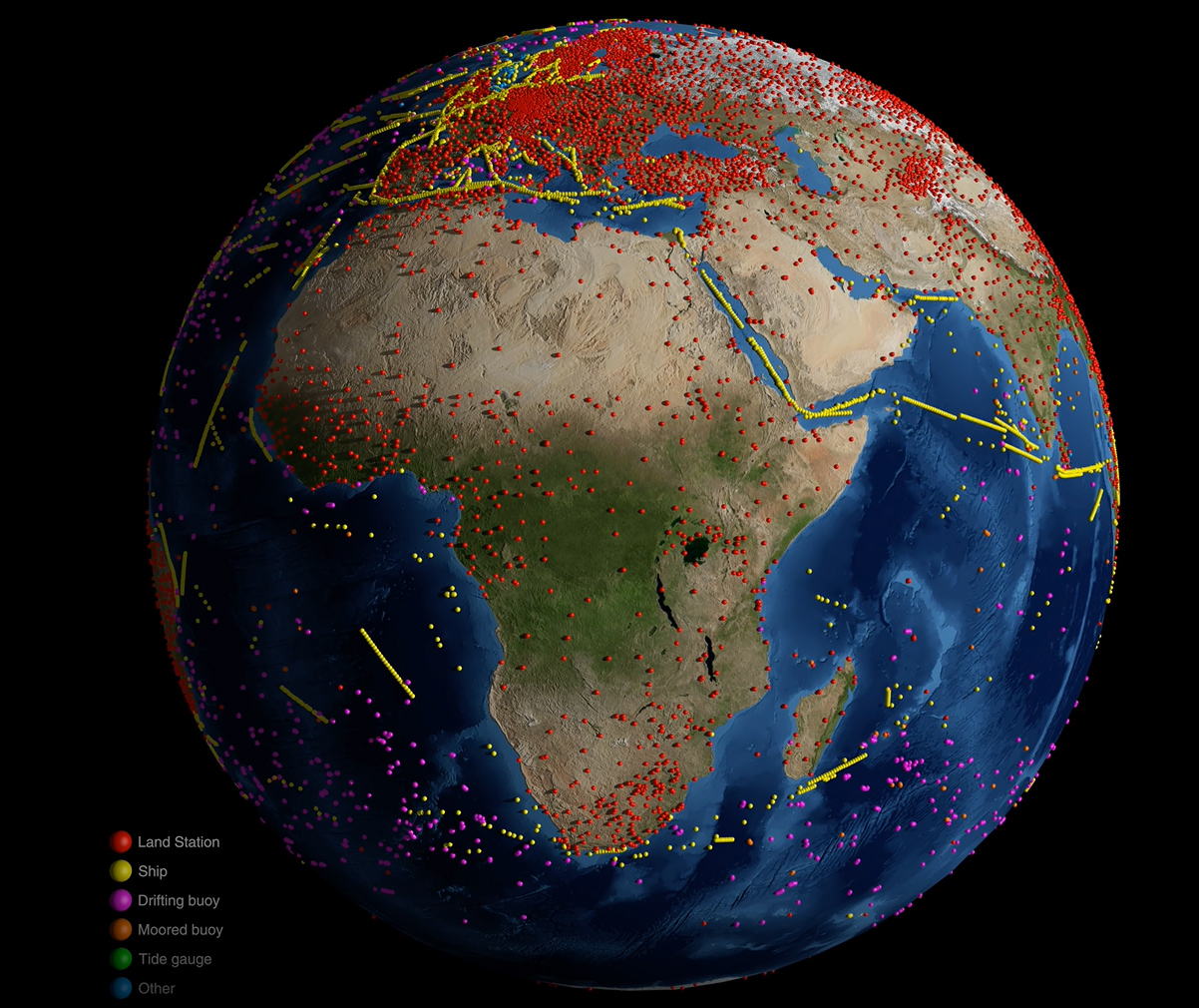 3d map of Earth showing locations of sensors and stations used to measure global temperatures
