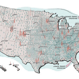Map of the US showing average household spending on travel by county.