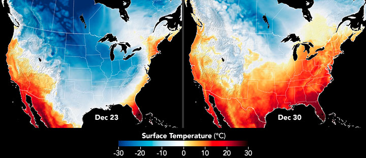 Two maps comparing temperatures across the US in December 2022.