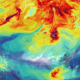 Carbon dioxide in the atmosphere, concentrating over the northern hemisphere and areas of human population.