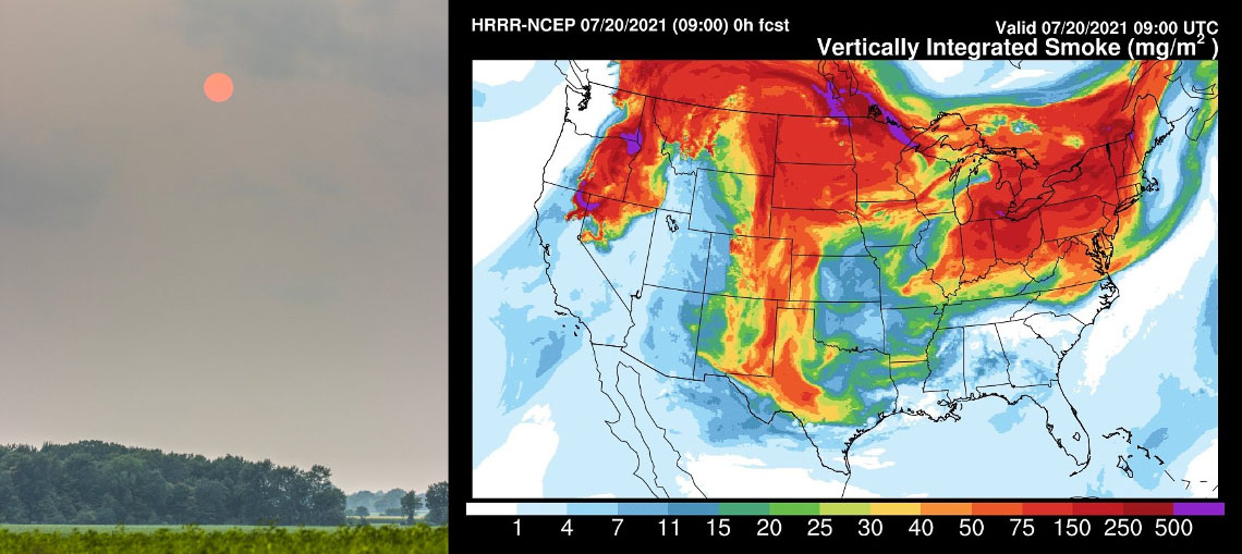The Sun appears red due to wildfire smoke scattering light high in the atmosphere in Dansville, MI. An adjacent map shows smoke conditions on the same day and time.