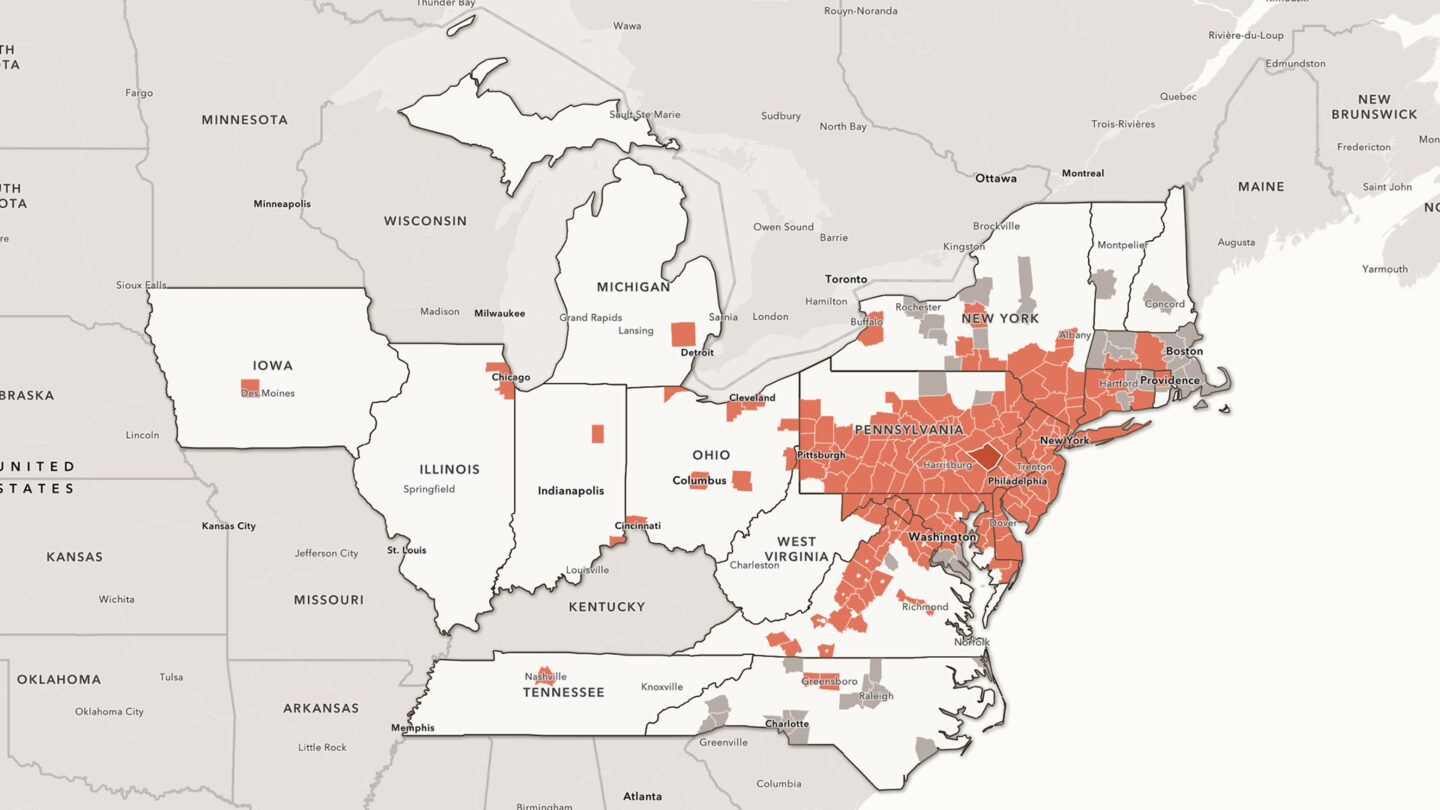 Map of Eastern US showing states and counties where spotted lanterfly infestations have been confirmed.