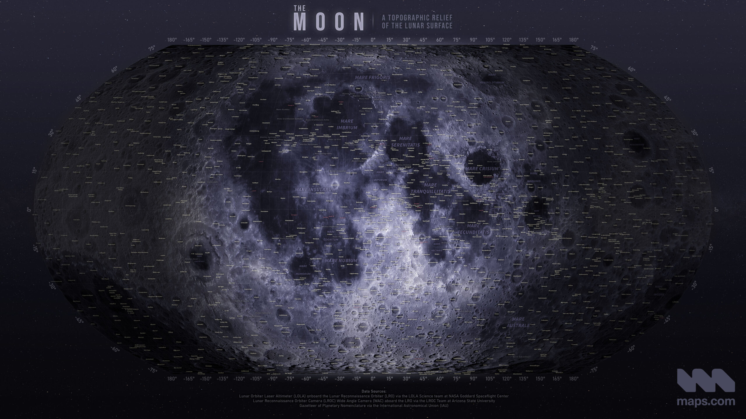 A map of the lunar topography and surface craters.