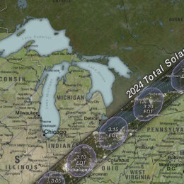 A map showing the contiguous United States and the paths of solar eclipses that will happen in 2023 and 2024.