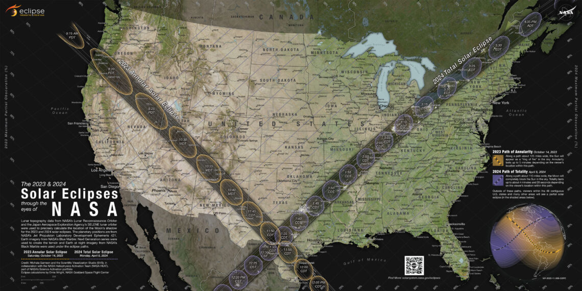 A map showing the contiguous United States and the paths of solar eclipses that will happen in 2023 and 2024.