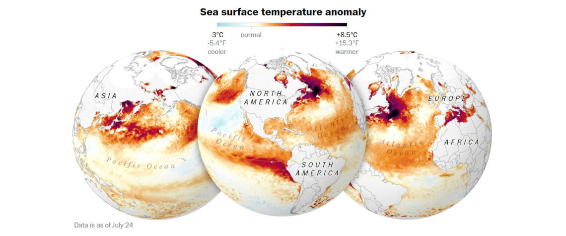 Maps showing record-breaking temperatures in Earth's oceans.