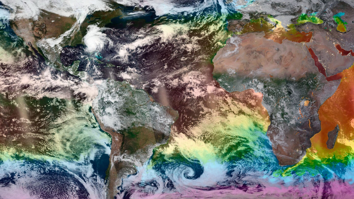 Satellite imagery showing land, clouds, and water temperature.