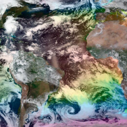 Satellite imagery showing land, clouds, and water temperature.
