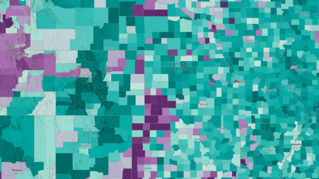 Map of central US showing share of citizen voting age population by county.
