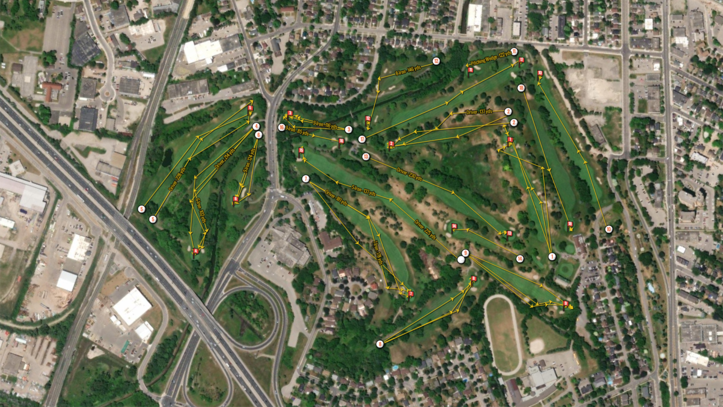 Map of golf course with shots from a round overlaid on it.
