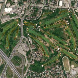 Map of golf course with shots from a round overlaid on it.