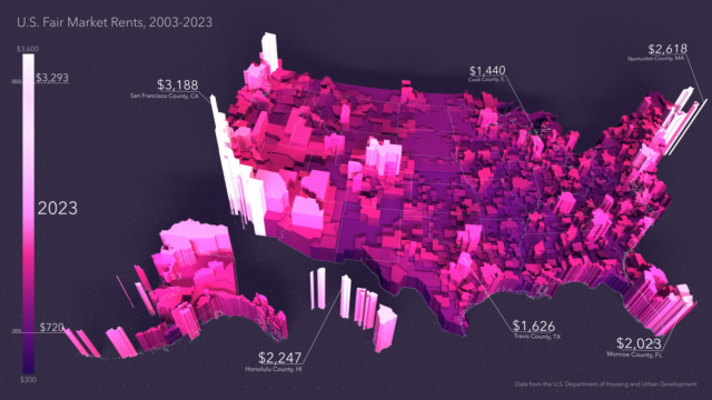 Map of the US by county showing fair market rents in 2023.