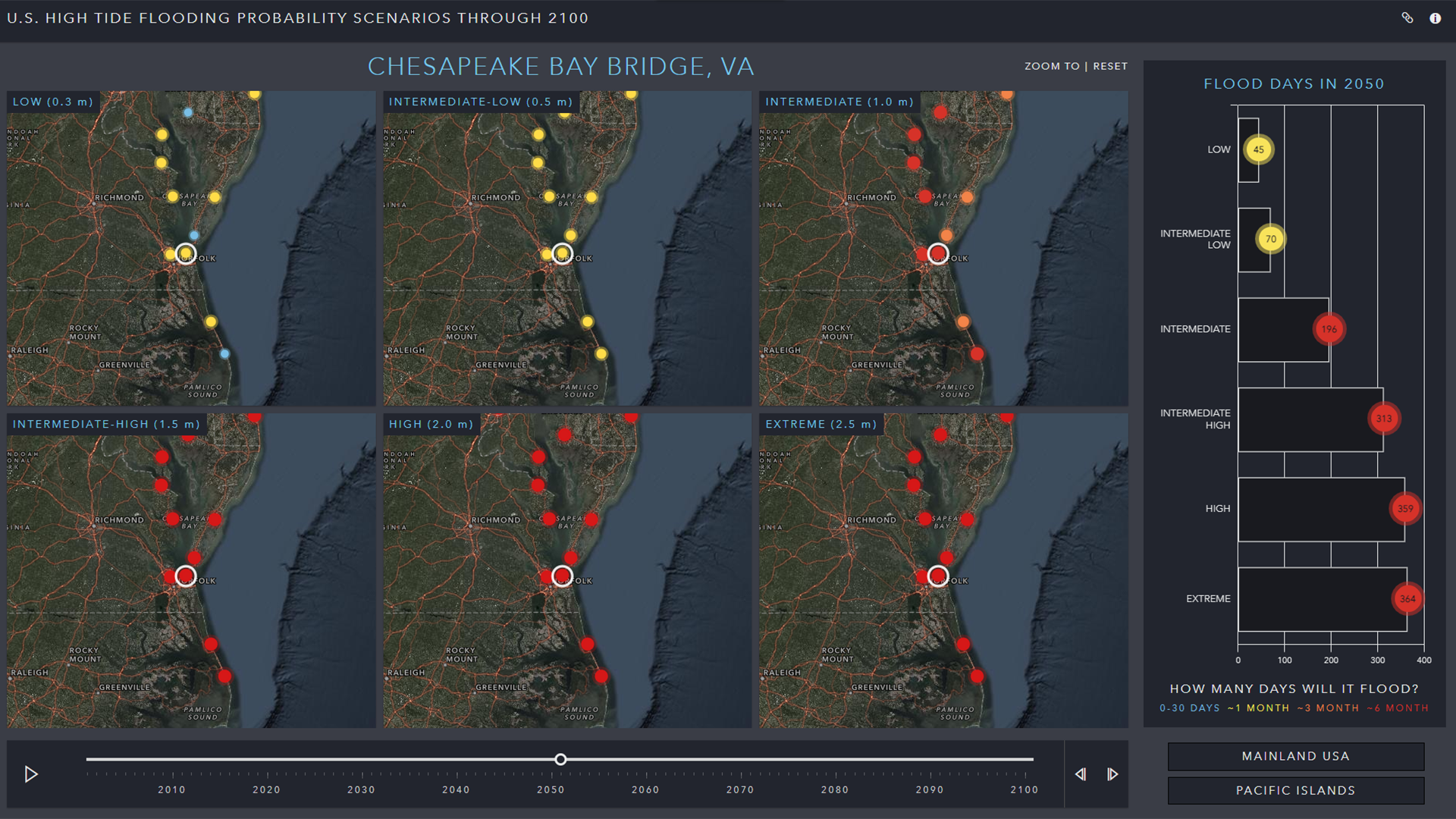 Map focused on Virginia showing projected changes in flooding days.