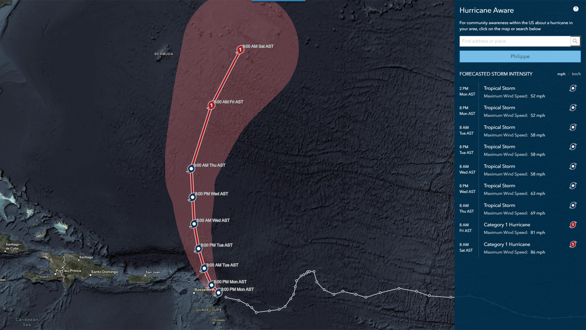 Map showing forecasted hurricane track in the Caribbean with data about wind speed and position