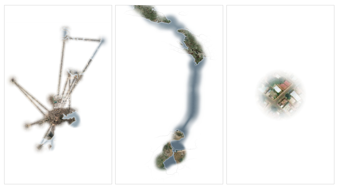 Three maps showing birds-eye view over various parts of the world including Detroit and Venezuela.
