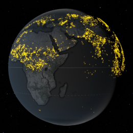 Map of Earth showing lightning strikes detected by the International Space Station