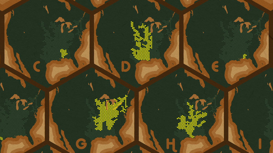 Small multiples maps showing ranges of different species of map turtles in the US