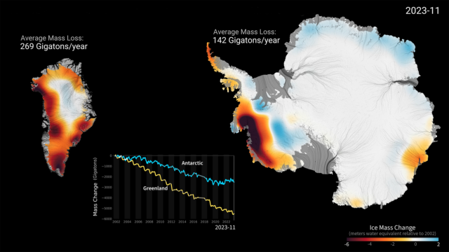 Maps showing polar ice mass loss in Greenland and Antarctica