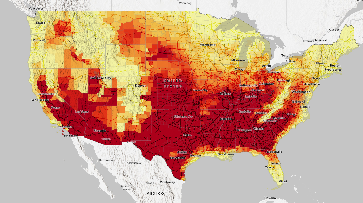 Map of US showing extreme heat days by mid-century and railroad lines.