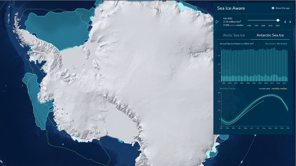 Map of Antarctic sea ice extent in February 2022.
