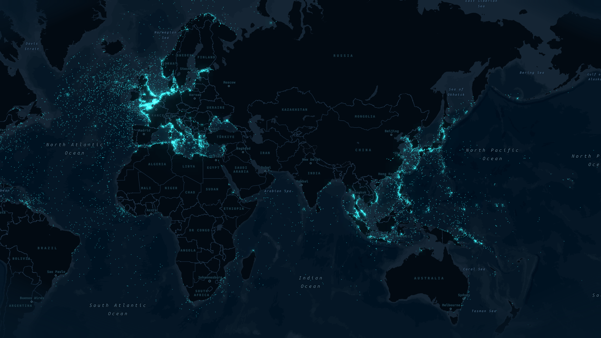 Global map showing locations of sunken ships from WWII.