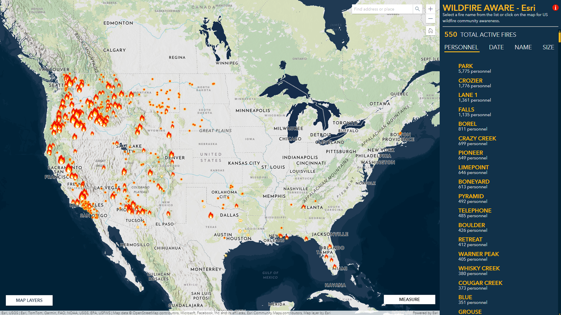 Map showing active wildfires in the US