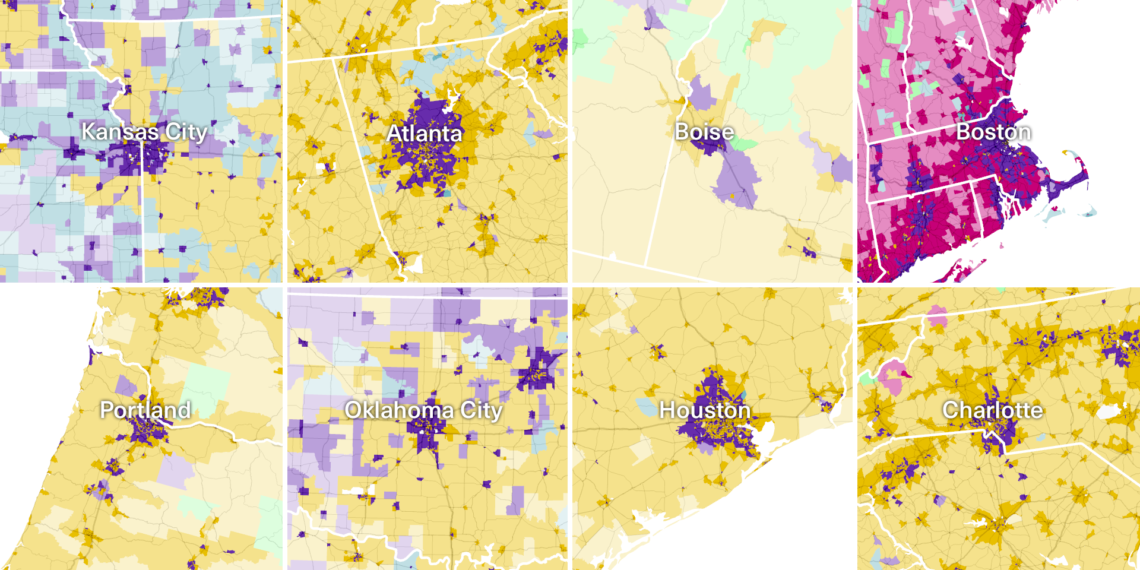 A mosaic of maps of home heating fuels focused on various US cities.