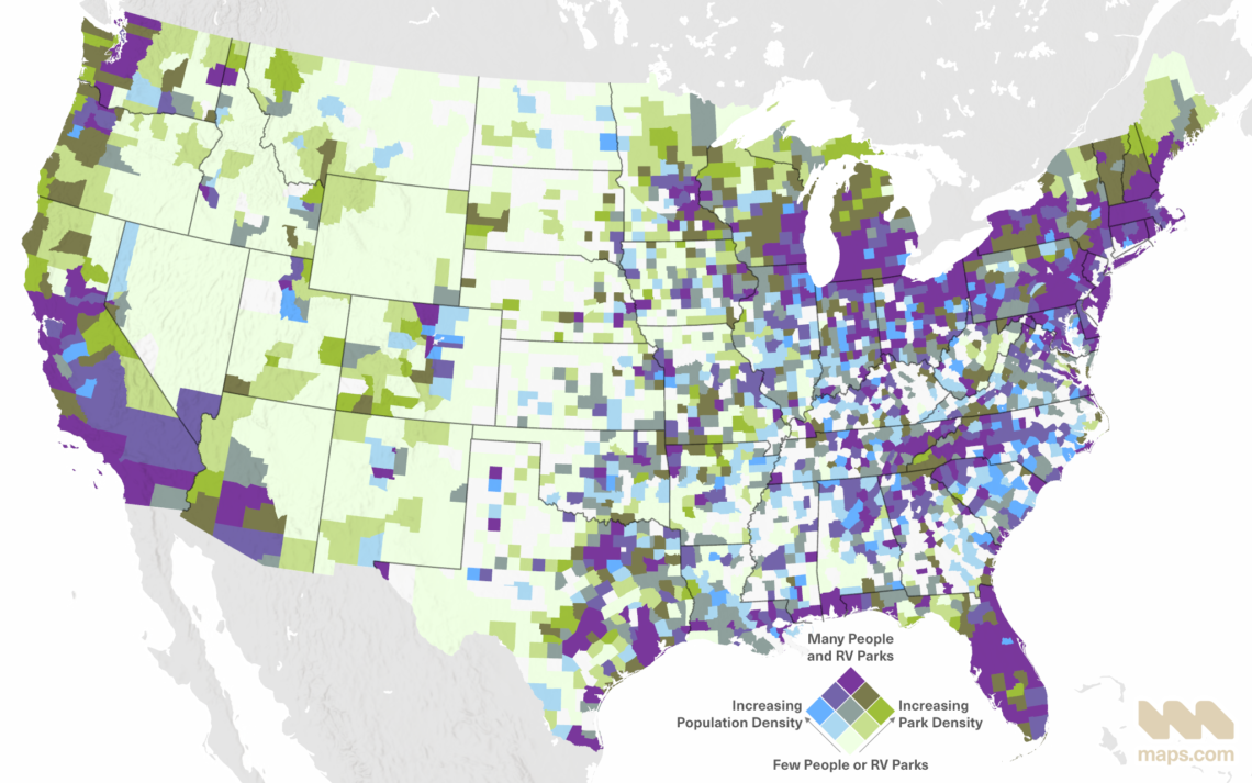 Bivariate map showing the relationship between RV park density and population density.