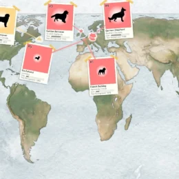 Map showing the five most popular dog breeds and their origins.