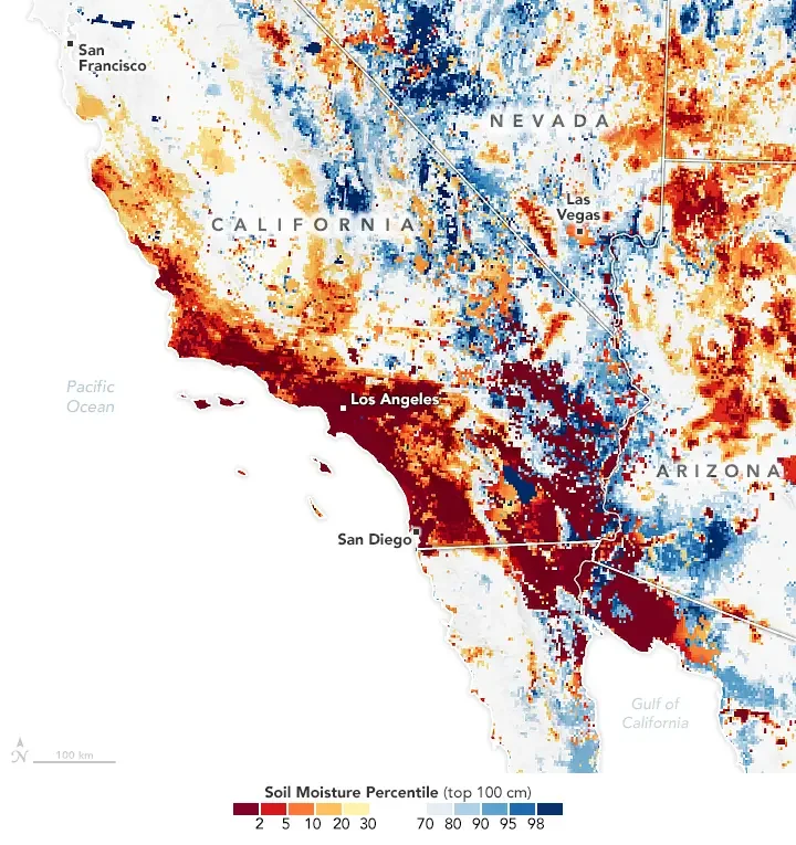Map of Southern California soil moisture in January 2025.