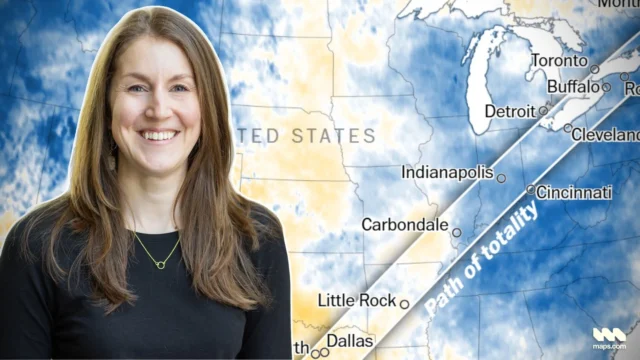 Map of eclipse viewing overlaid with headshot of Lauren Tierney.