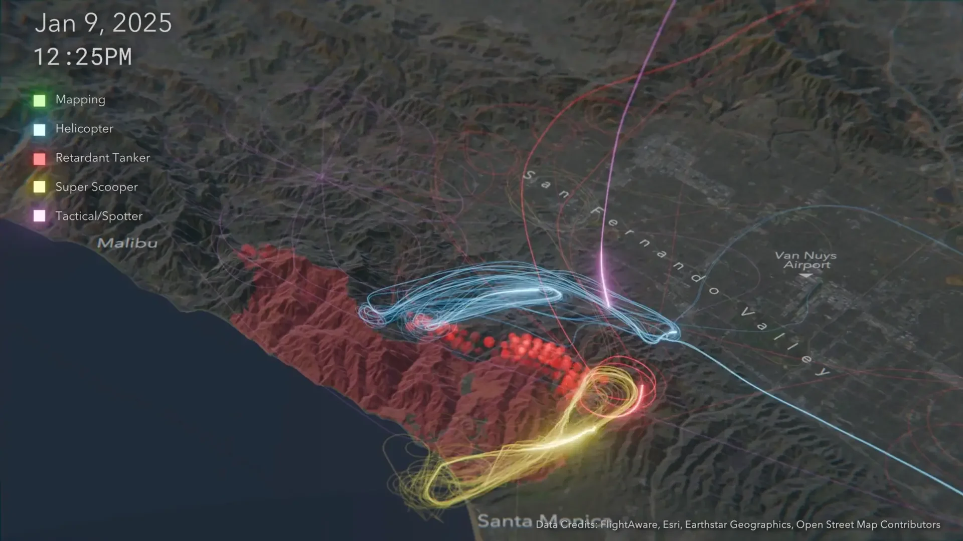 Map of Southern California showing aerial response to Palisades Fire.