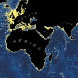 Map of oceans around Europe and Africa showing shipwrecks and maritime obstructions.